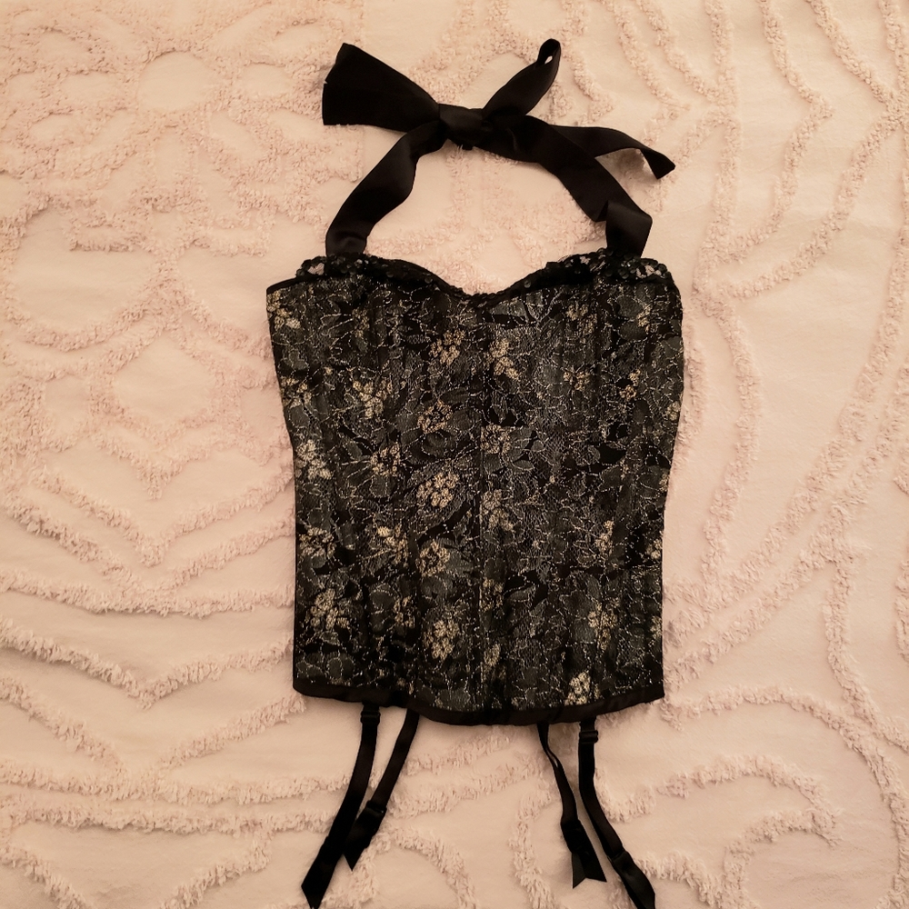 Fredericks of Hollywood black and gold lace corset